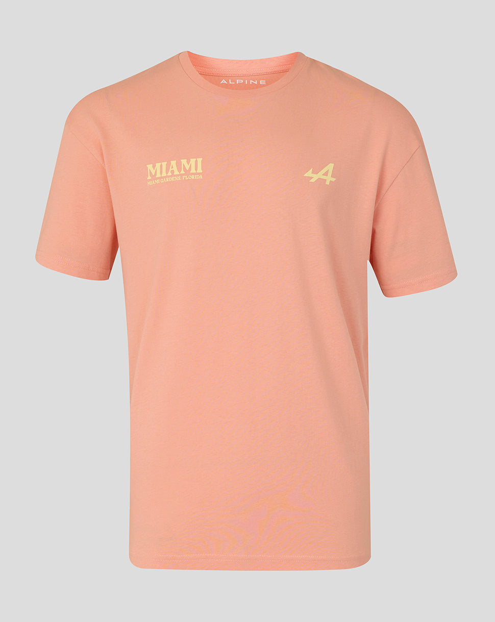 Camiseta gráfica coral para unisex con MIAMI en el pecho y logotipo Alpine en el cuello