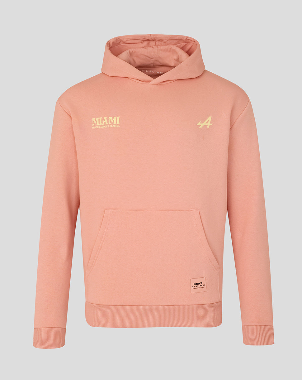 Peach pink BWT Alpine Miami graphic hoodie with Miami print on the right chest and Alpine A logo on the left chest with a two-piece hood