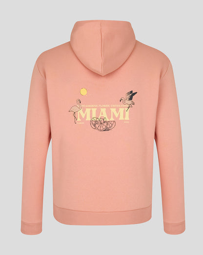 Back view of a peach pink BWT Alpine Miami graphic hoodie with a large Miami design on the back and a two-piece hood