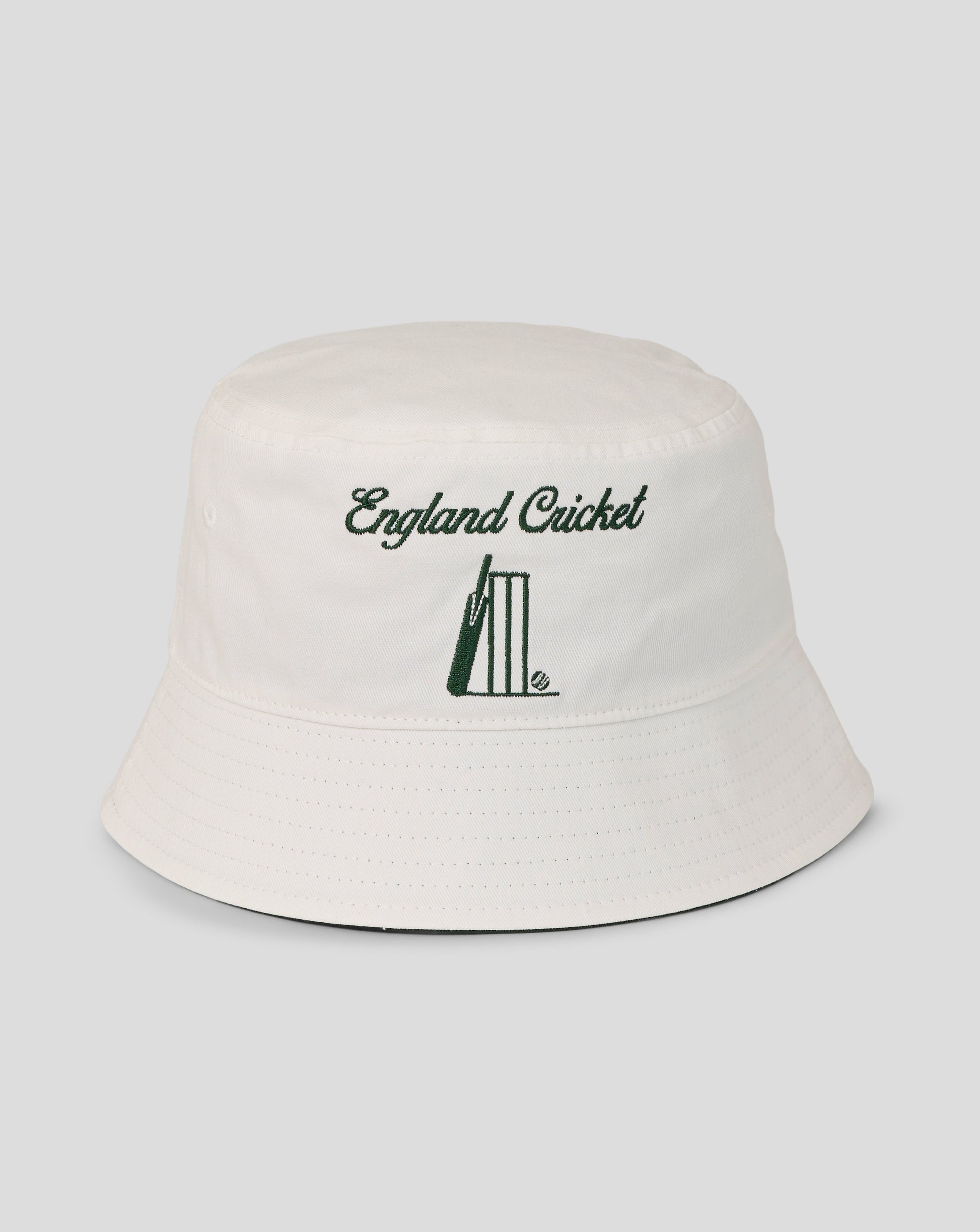 White bucket hat with 'England Cricket' text and cricket bat design on a white background