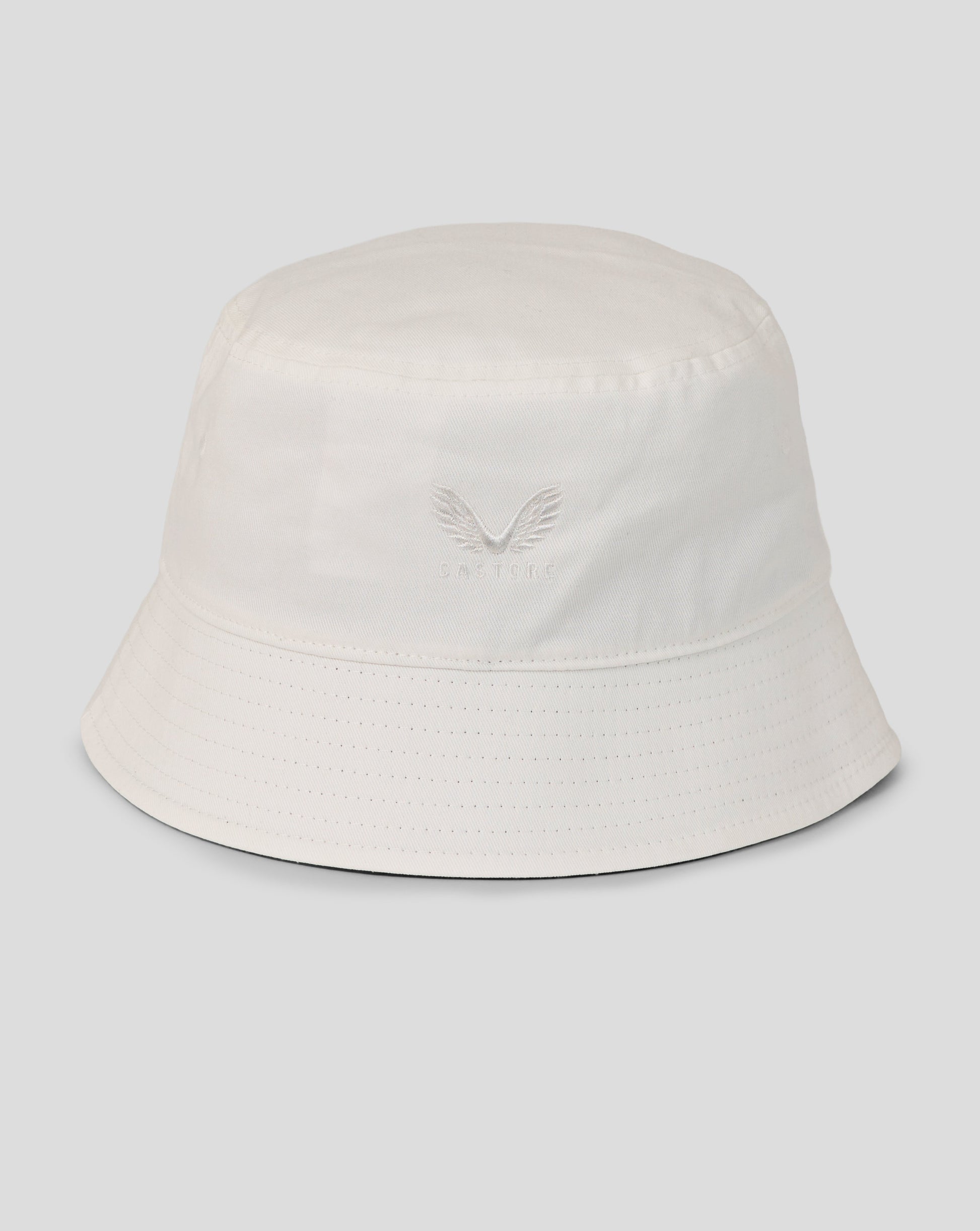 White bucket hat with a logo on a light gray background