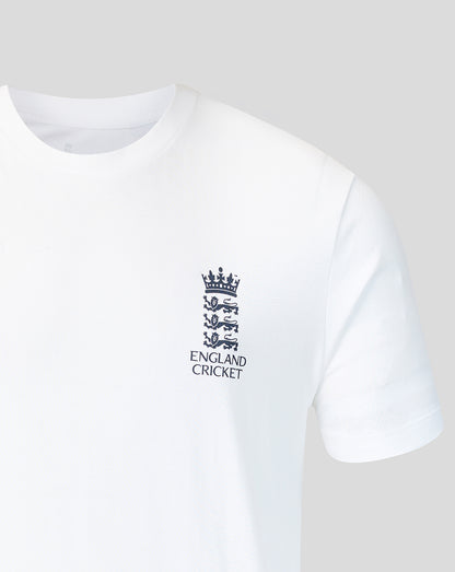 White t-shirt with England Cricket logo on a light gray background