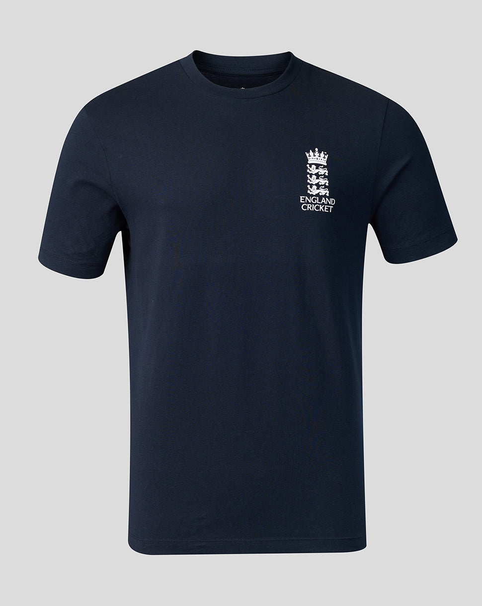 Navy blue t-shirt with England Cricket logo on a light gray background