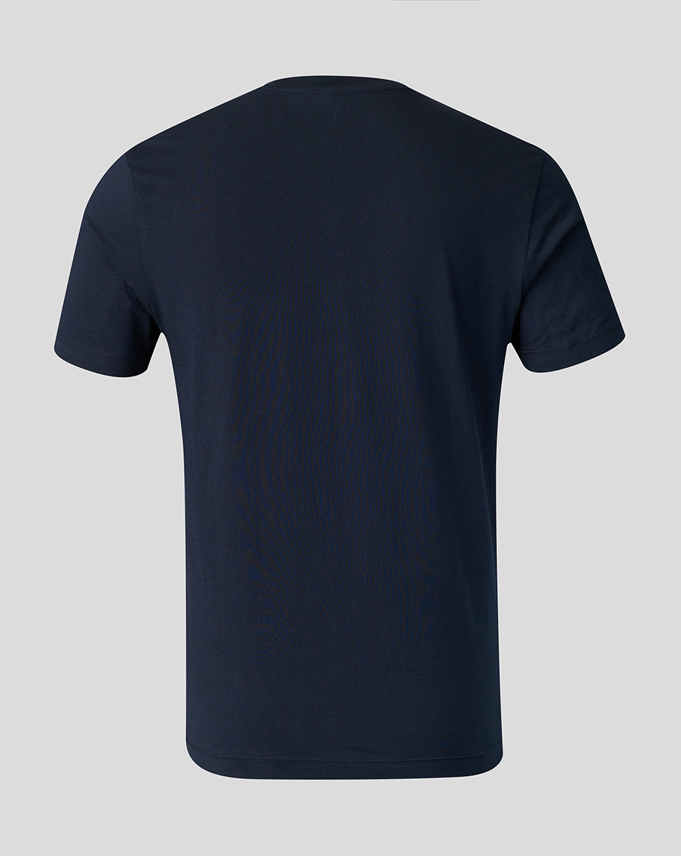 Navy blue t-shirt on a light gray background