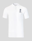 White polo shirt with a logo on a gray background