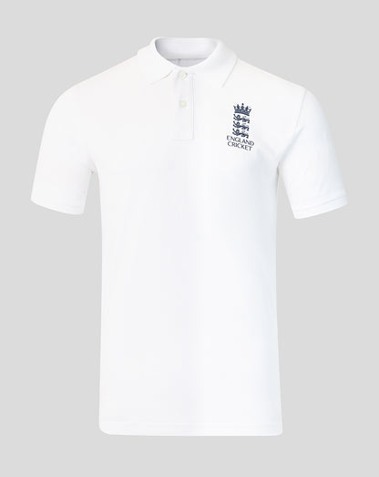 White polo shirt with a logo on a gray background