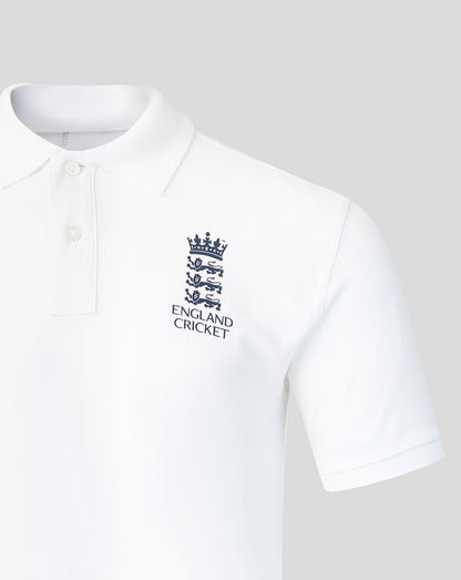 White polo shirt with England Cricket logo on a light gray background