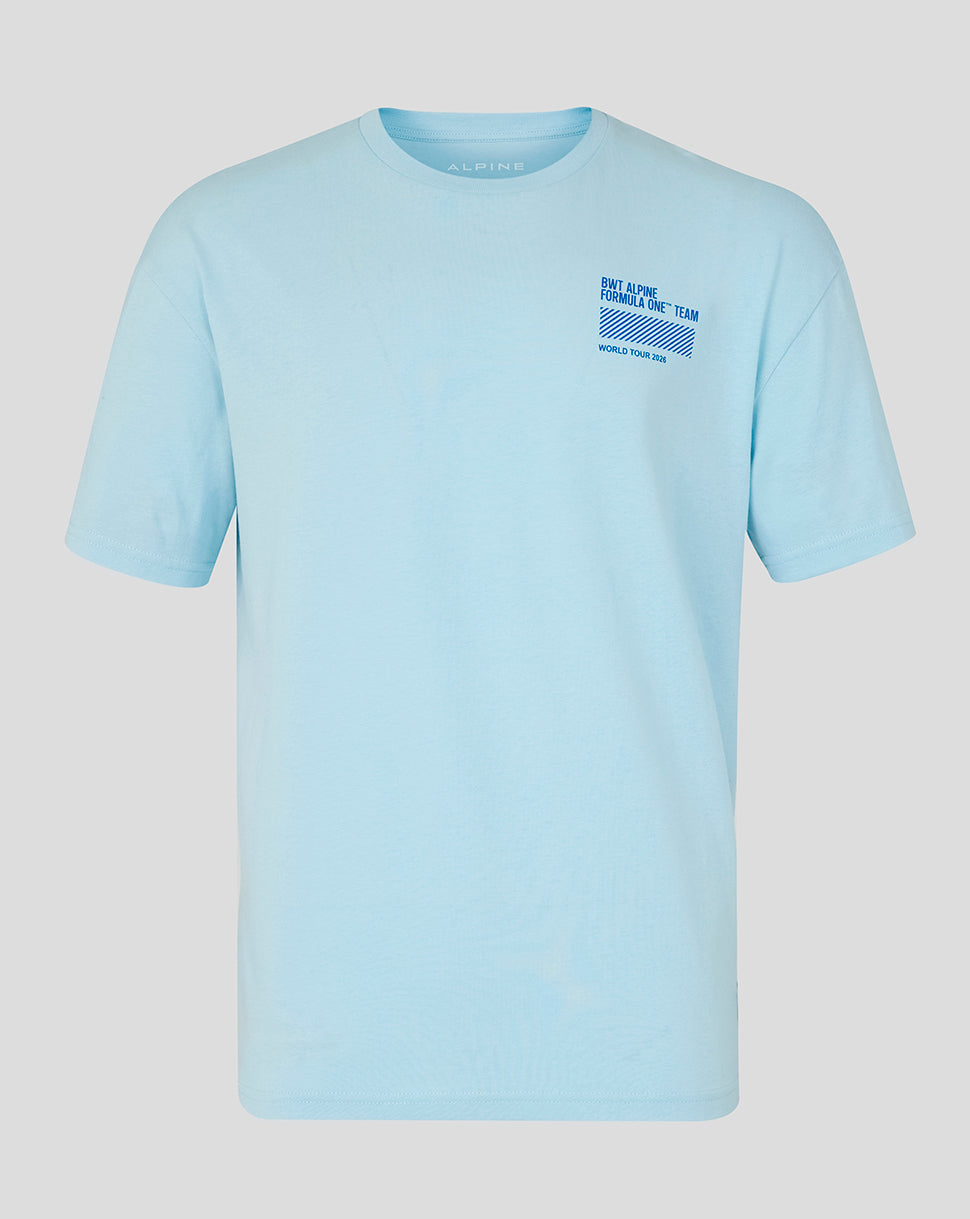 Light blue BWT Alpine World Tour T Shirt with a blue left chest graphic and a ribbed crew neck