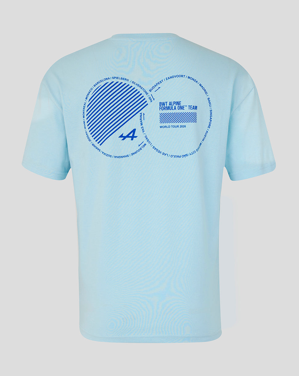 Back view of light blue BWT Alpine World Tour T Shirt with a large circular graphic on the back