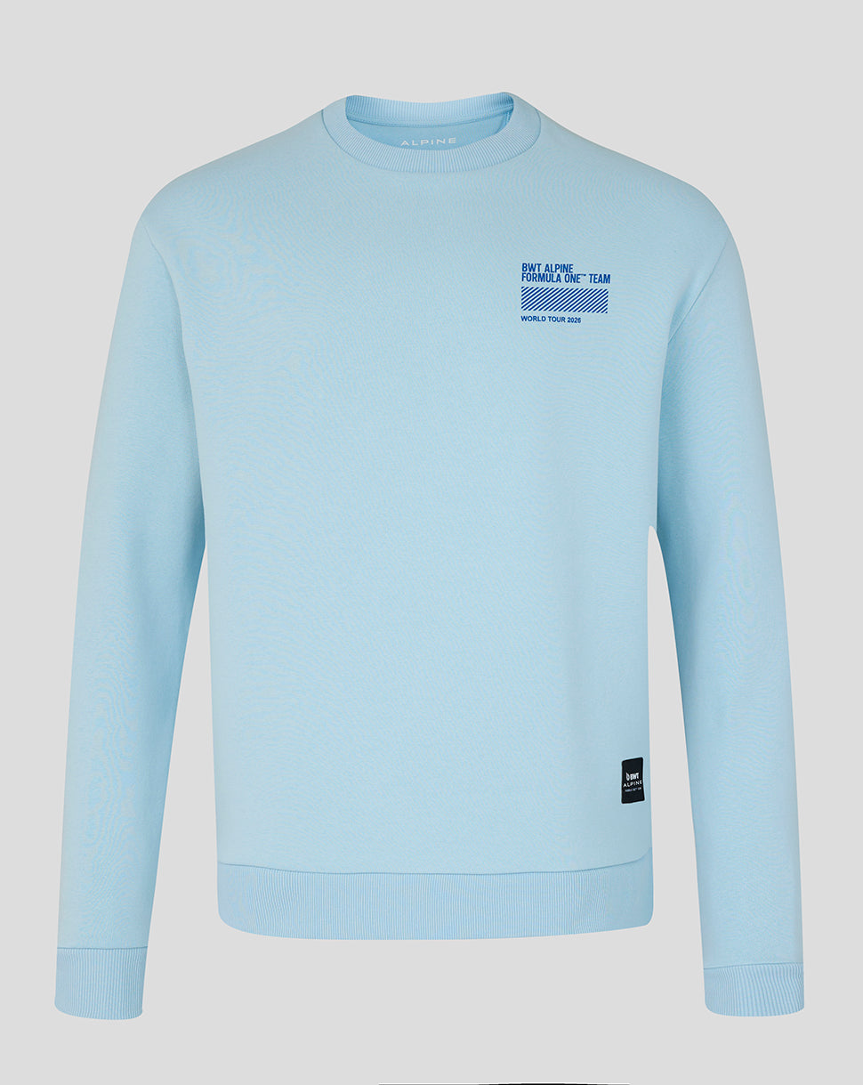 BWT Alpine World Tour unisex sweatshirt in light blue with a small chest print and ribbed details