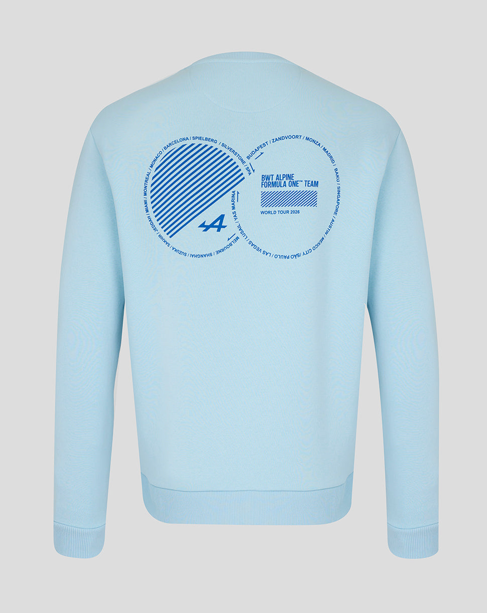 Back view of the light blue BWT Alpine World Tour unisex sweatshirt featuring a large circular world tour graphic