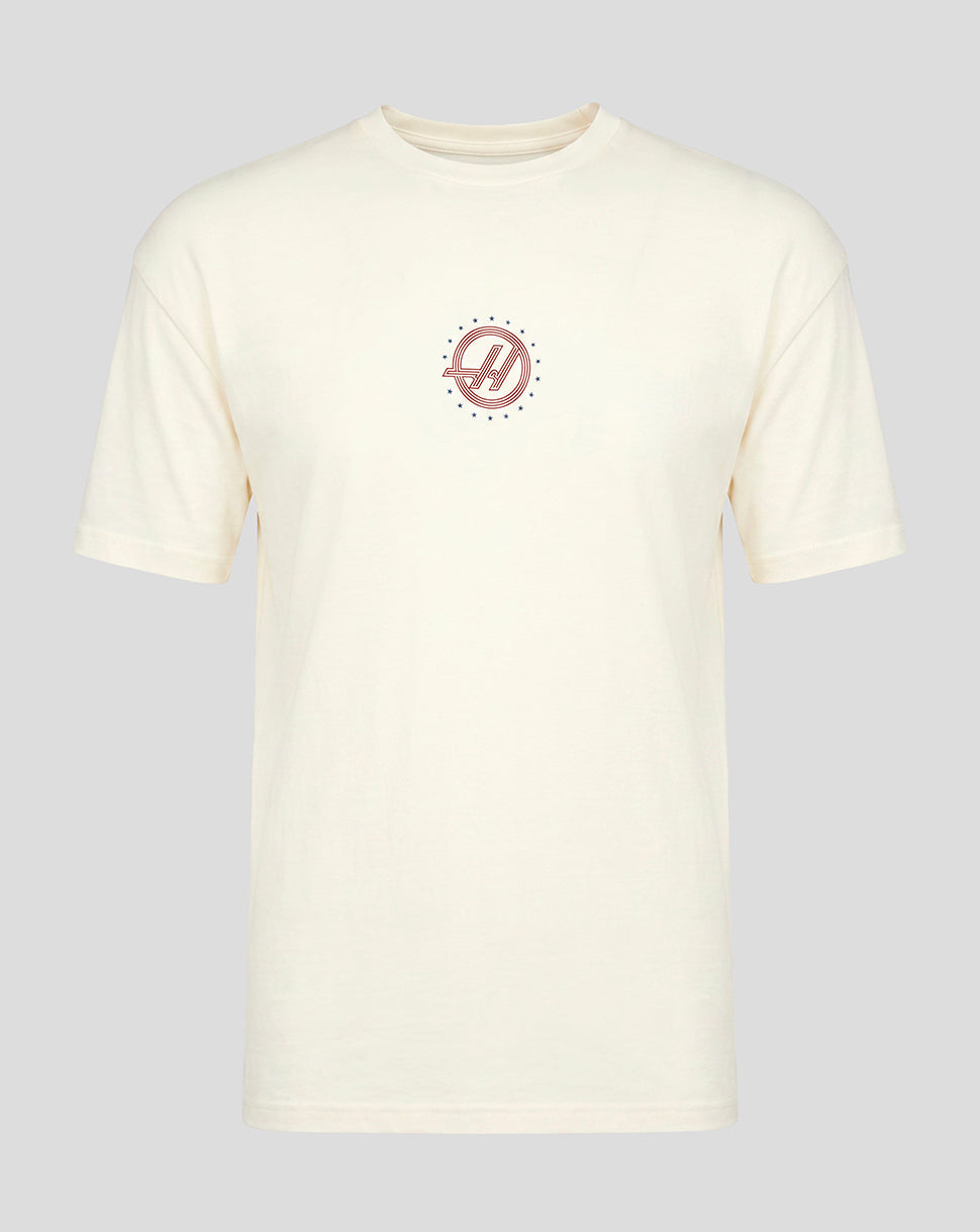Front view of off white Haas Team Unisex USA Roundel T Shirt with a small circular logo on the chest