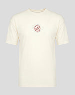 Front view of off white Haas Team Unisex USA Roundel T Shirt with a small circular logo on the chest