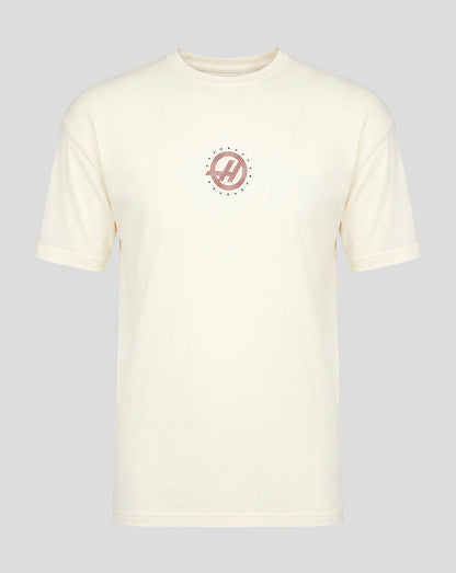 Front view of off white Haas Team Unisex USA Roundel T Shirt with a small circular logo on the chest