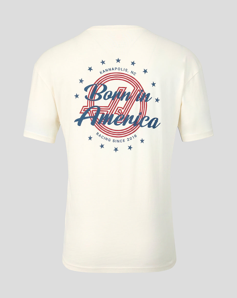 Back view of off white Haas Team Unisex USA Roundel T Shirt featuring Born in America graphic and stars
