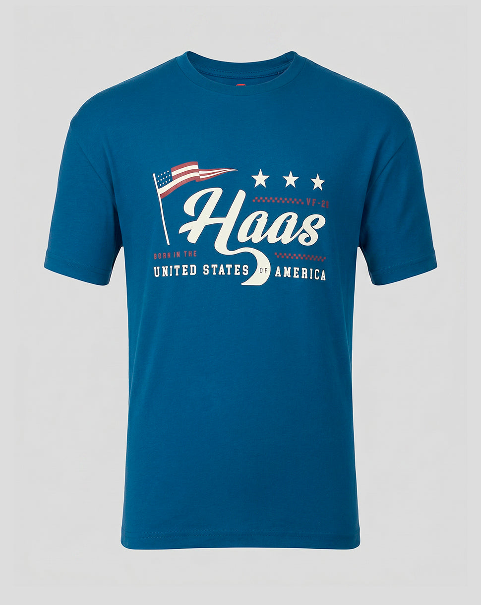 Poseidon blue Haas Team USA flag graphic unisex T shirt front view