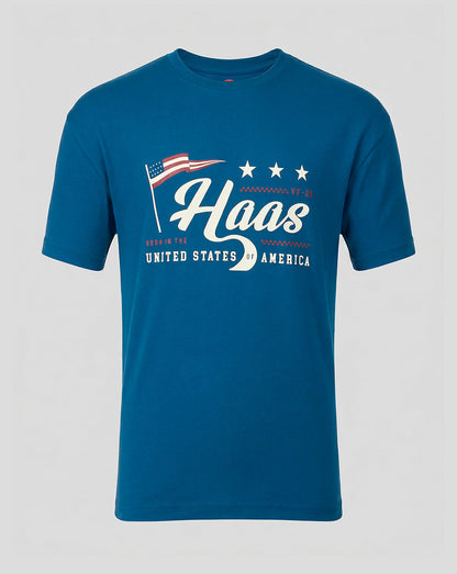Poseidon blue Haas Team USA flag graphic unisex T shirt front view