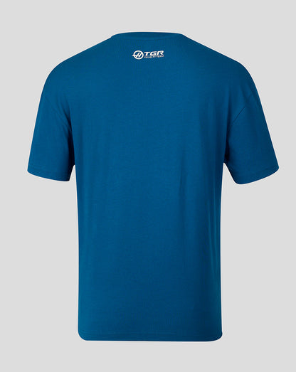 Back view of Poseidon blue Haas Team T shirt with small white TGR Haas F1 Team logo at upper back