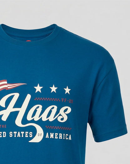 Front view of blue Haas Team Unisex USA Flag T Shirt with large white Haas script and star accents