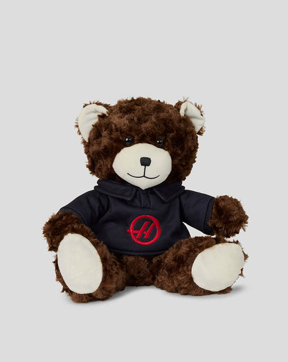 Brown teddy bear wearing a black hoodie with a red logo on a light gray background