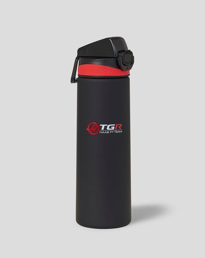 Black water bottle with red accent and TGR logo on a gray background