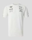 White t-shirt with multiple brand logos on a light gray background
