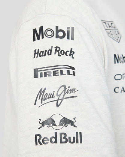 White jacket with various logos including Mobil, Hard Rock, Pirelli, Maui Jim, and Red Bull on a light gray background.