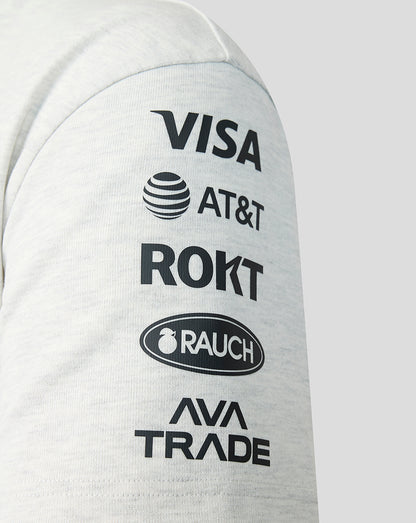 Gray sleeve with logos of Visa, AT&T, ROKT, Rauch, and Ava Trade on a white background