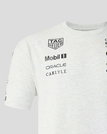White t-shirt with various logos on a light gray background