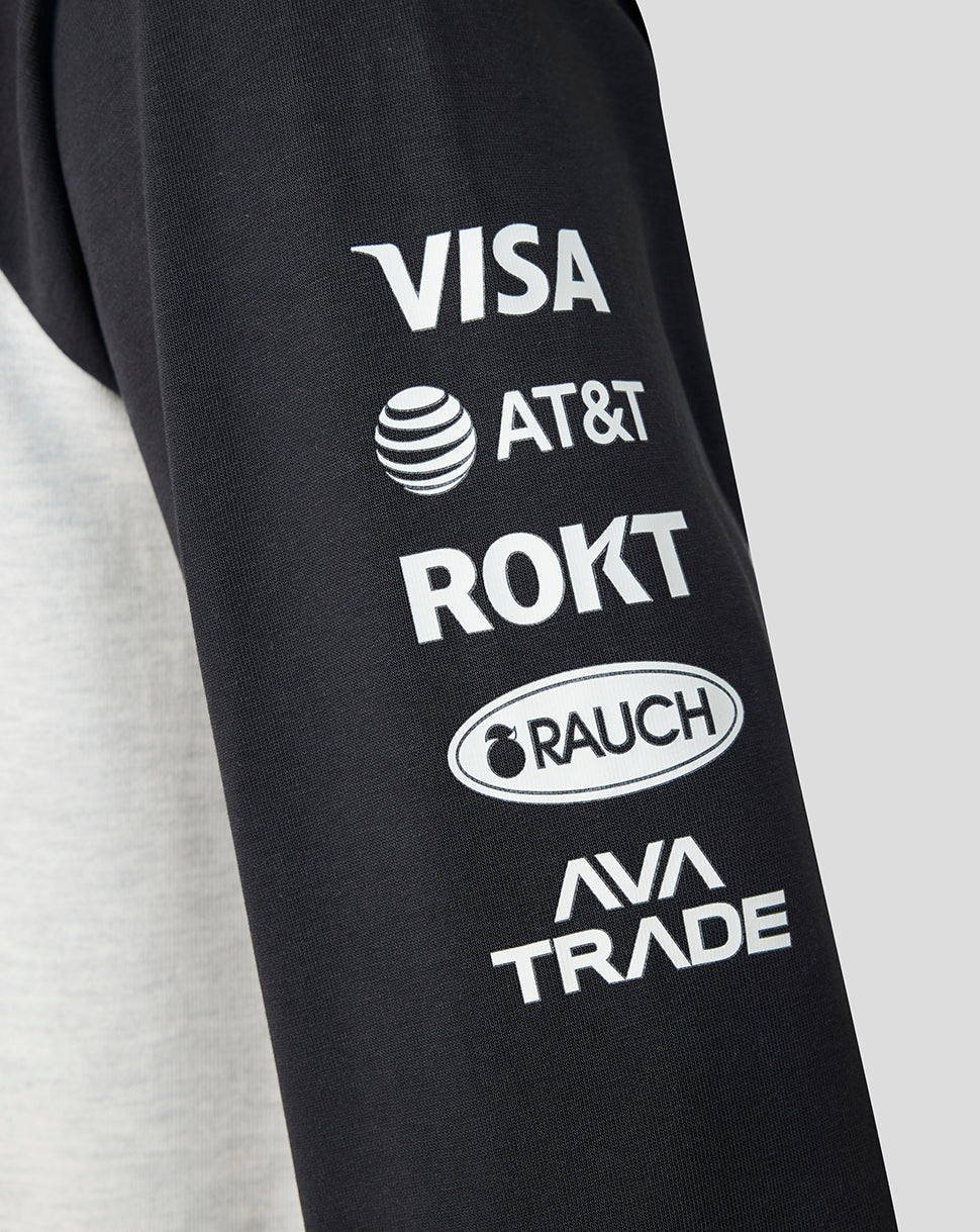 Black sleeve with white logos of Visa, AT&T, ROKT, Rauch, and Ava Trade on a gray background
