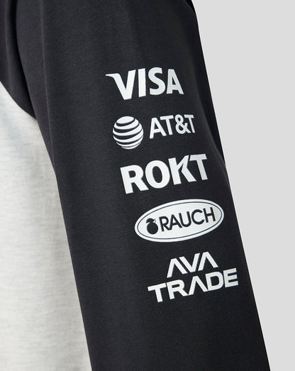 Black sleeve with white logos of Visa, AT&T, ROKT, Rauch, and Ava Trade on a gray background
