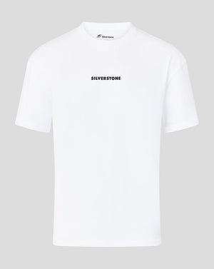 A white short-sleeve crewneck t-shirt with 'SILVERSTONE' printed in black capital letters across the chest, displayed on a neutral gray background.