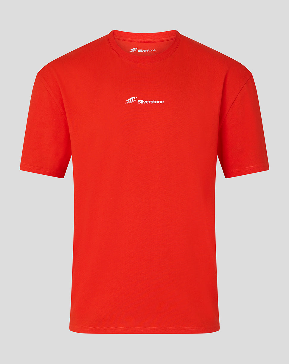 A bright red crewneck t-shirt with a small white 'Silverstone' logo printed on the left chest, displayed on a neutral light gray background.