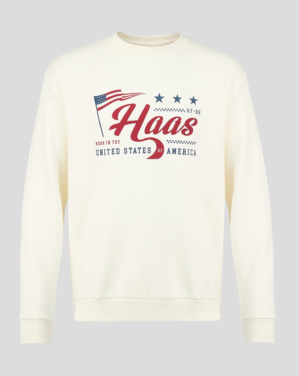 Egret Haas Team USA flag sweater with a large red Haas script and stars graphic on the chest