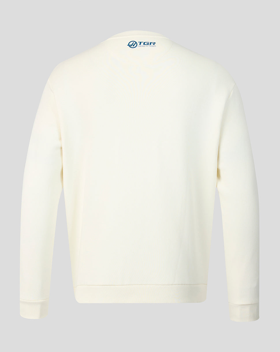 Back view of cream Haas Team USA flag sweater with a small blue logo at the neckline.
