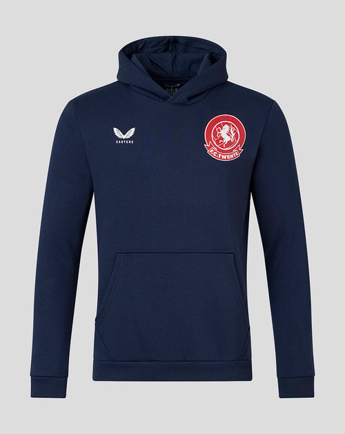A navy blue hooded sweatshirt with a front kangaroo pocket, featuring a white Castore logo on the right chest and a red circular club crest on the left chest, displayed on a neutral gray background.