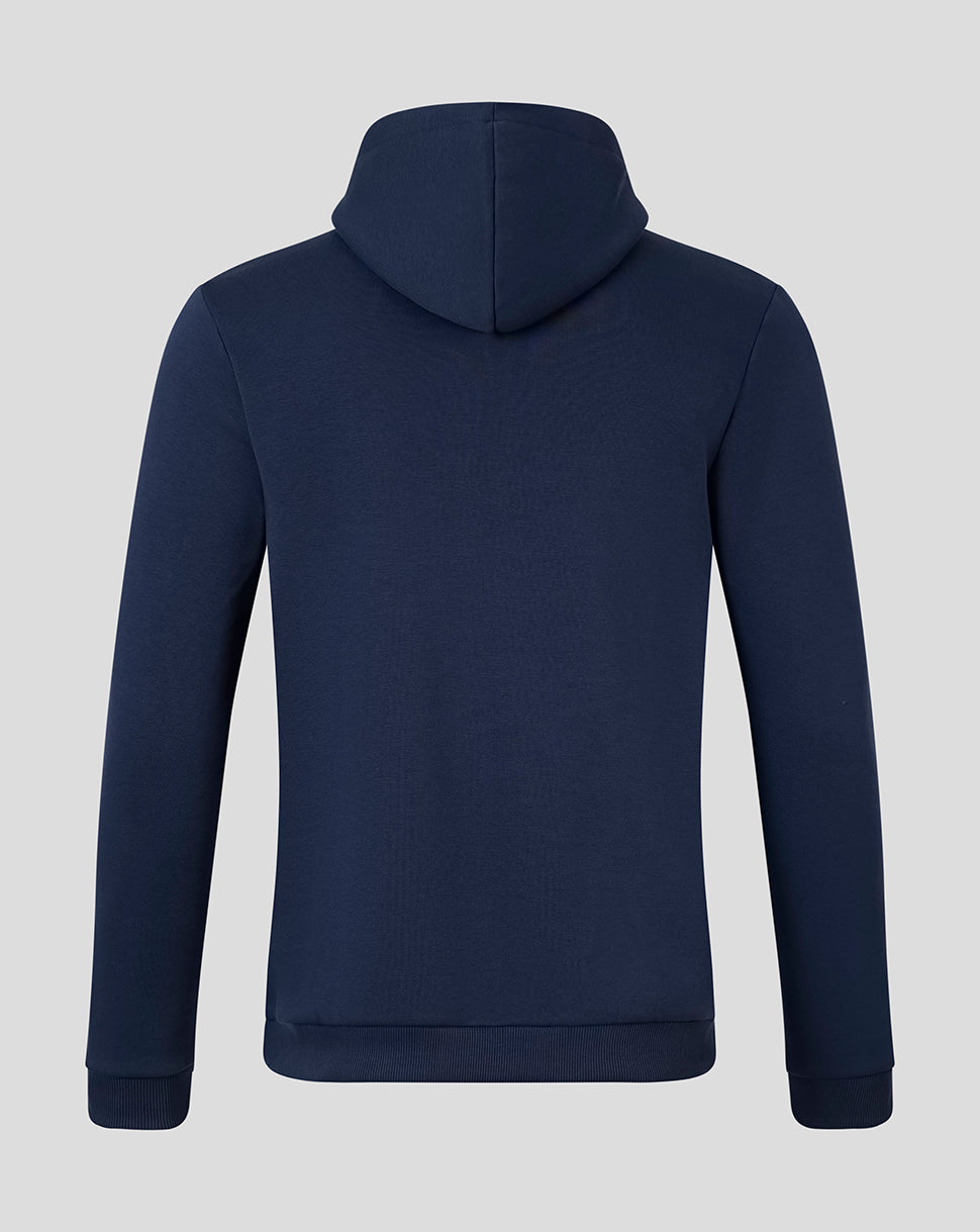 A dark navy blue hooded sweatshirt shown from the back, featuring a ribbed texture, long sleeves, and ribbed cuffs and hem, set against a solid light gray background.