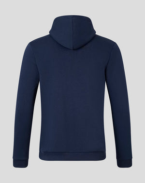 A dark navy blue hooded sweatshirt shown from the back, featuring a ribbed texture, long sleeves, and ribbed cuffs and hem, set against a solid light gray background.