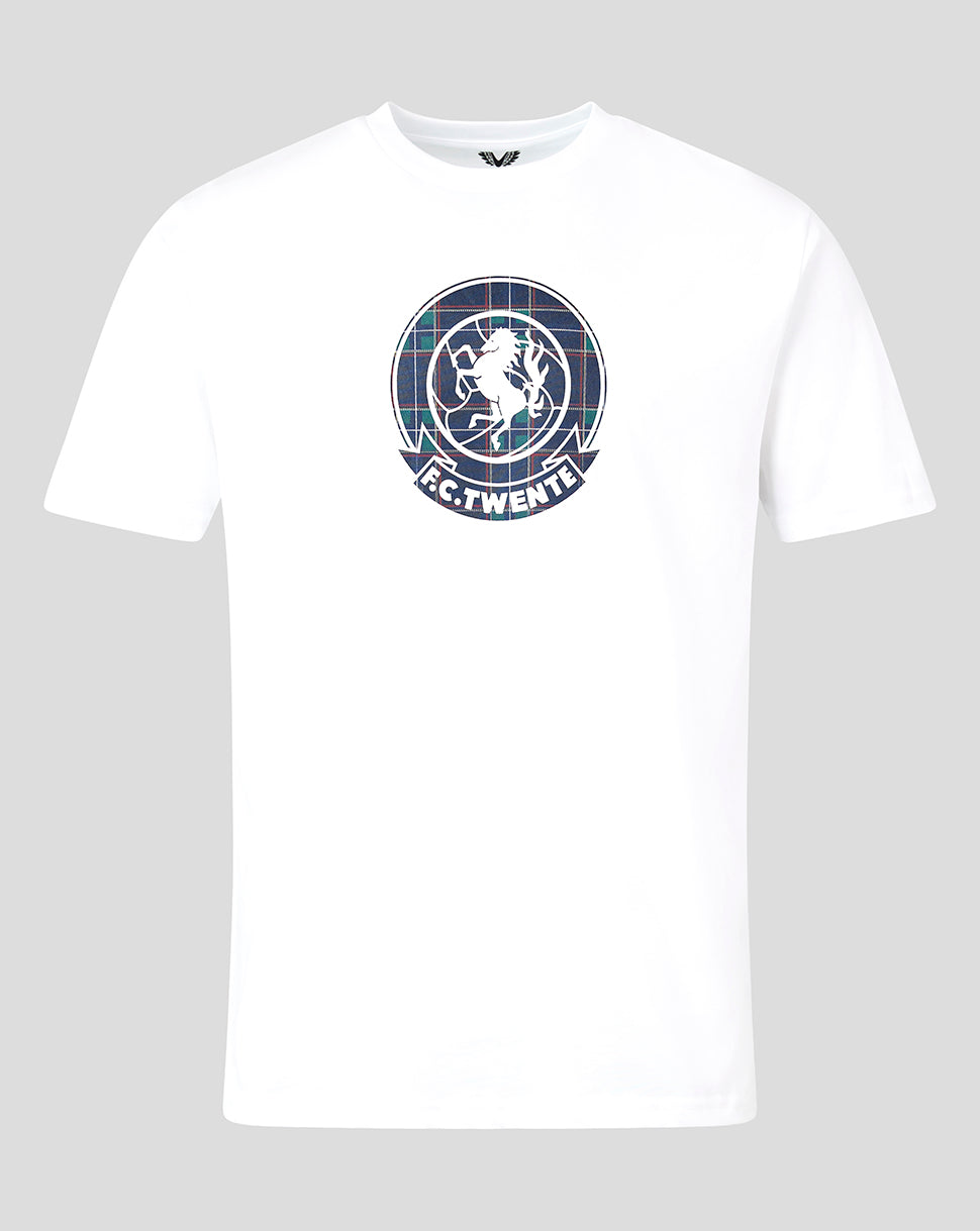 A white short-sleeve crewneck t-shirt featuring a circular navy blue and white FC Twente graphic on the chest, displayed against a neutral gray background.