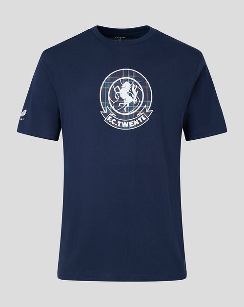 A navy blue short-sleeve t-shirt with a white and light blue graphic on the chest featuring a horse and the text 'F.C.
