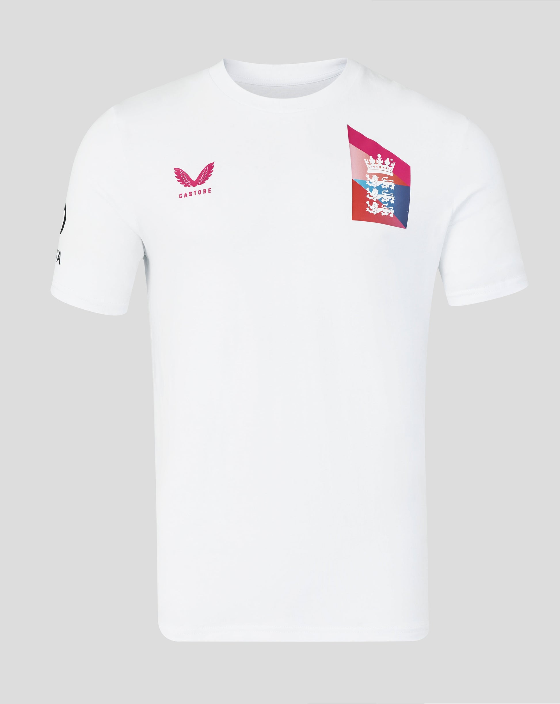 White t-shirt with logos on a gray background