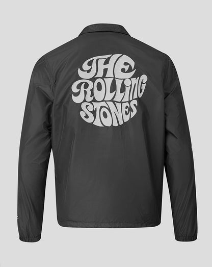 A dark gray coach jacket shown from the back, featuring a large white 'The Rolling Stones' logo printed across the upper back.