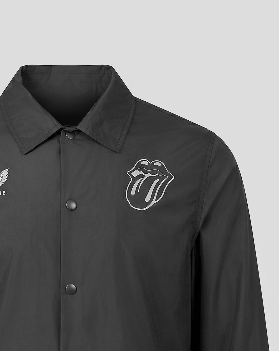 Close-up of a black collared button-up shirt with a white embroidered Rolling Stones tongue and lips logo on the left chest, shown against a light gray background.