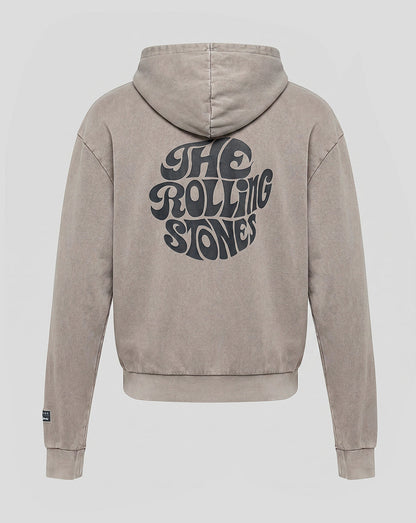 A beige hooded sweatshirt shown from the back, featuring a large black 'The Rolling Stones' logo printed across the center. The hoodie has a washed, textured finish and is displayed on a neutral light gray background.