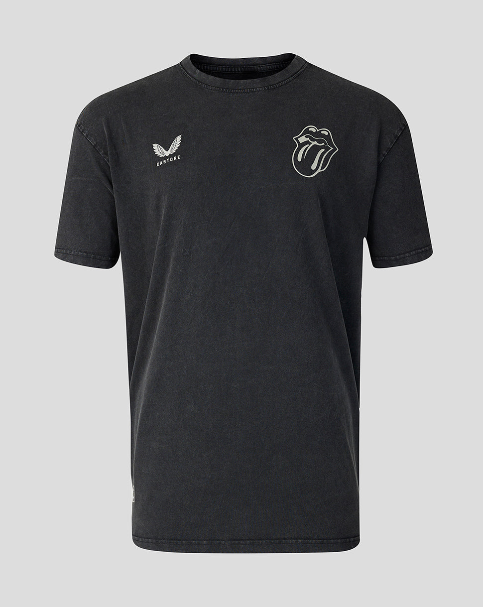 A washed black short-sleeve t-shirt featuring a white Rolling Stones tongue and lips logo on the left chest and a white Adidas logo on the right chest, displayed against a solid gray background.