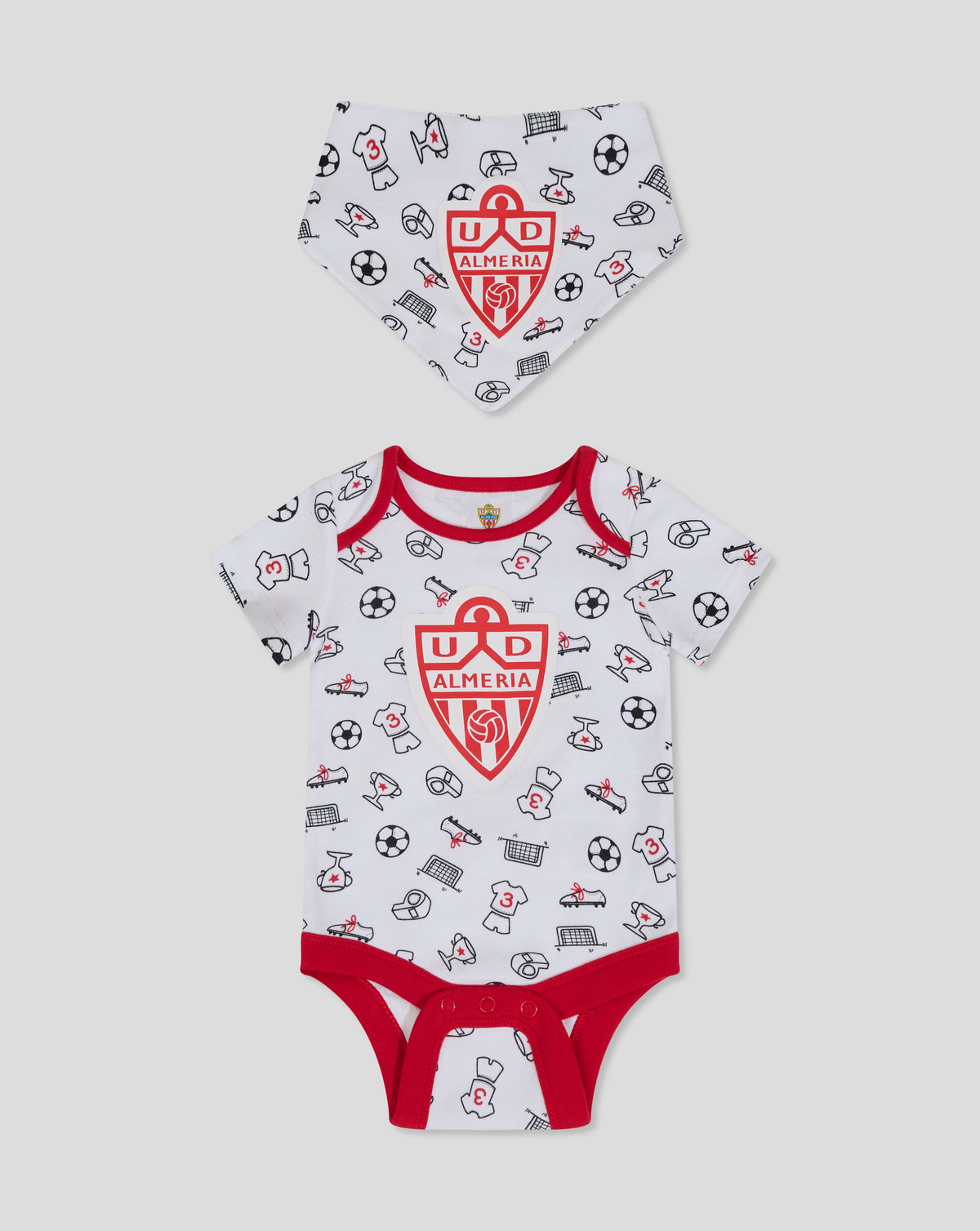 Infant bib in white with Almeria crest and sport themed icons