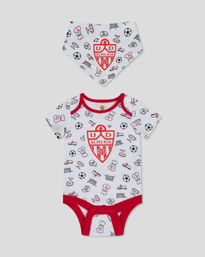 Infant bib in white with Almeria crest and sport themed icons