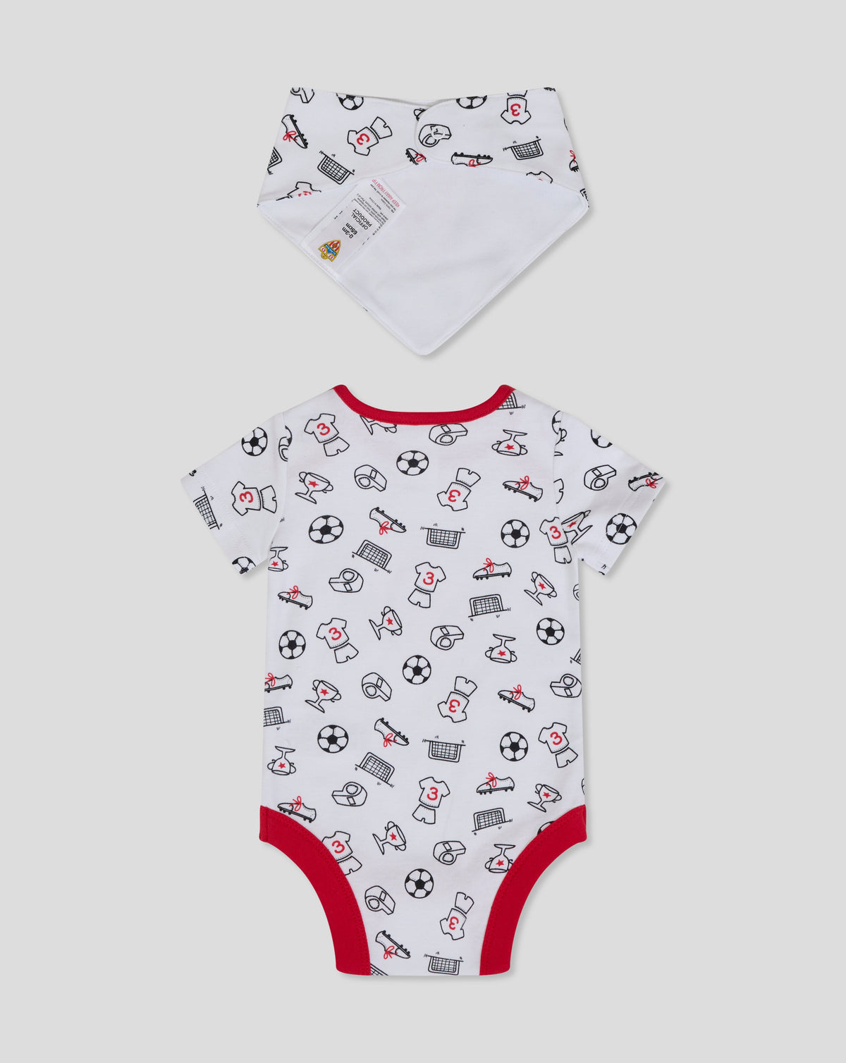Almeria infant set showing white bib with crest and matching white bodysuit with red trim