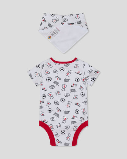 Almeria infant set showing white bib with crest and matching white bodysuit with red trim
