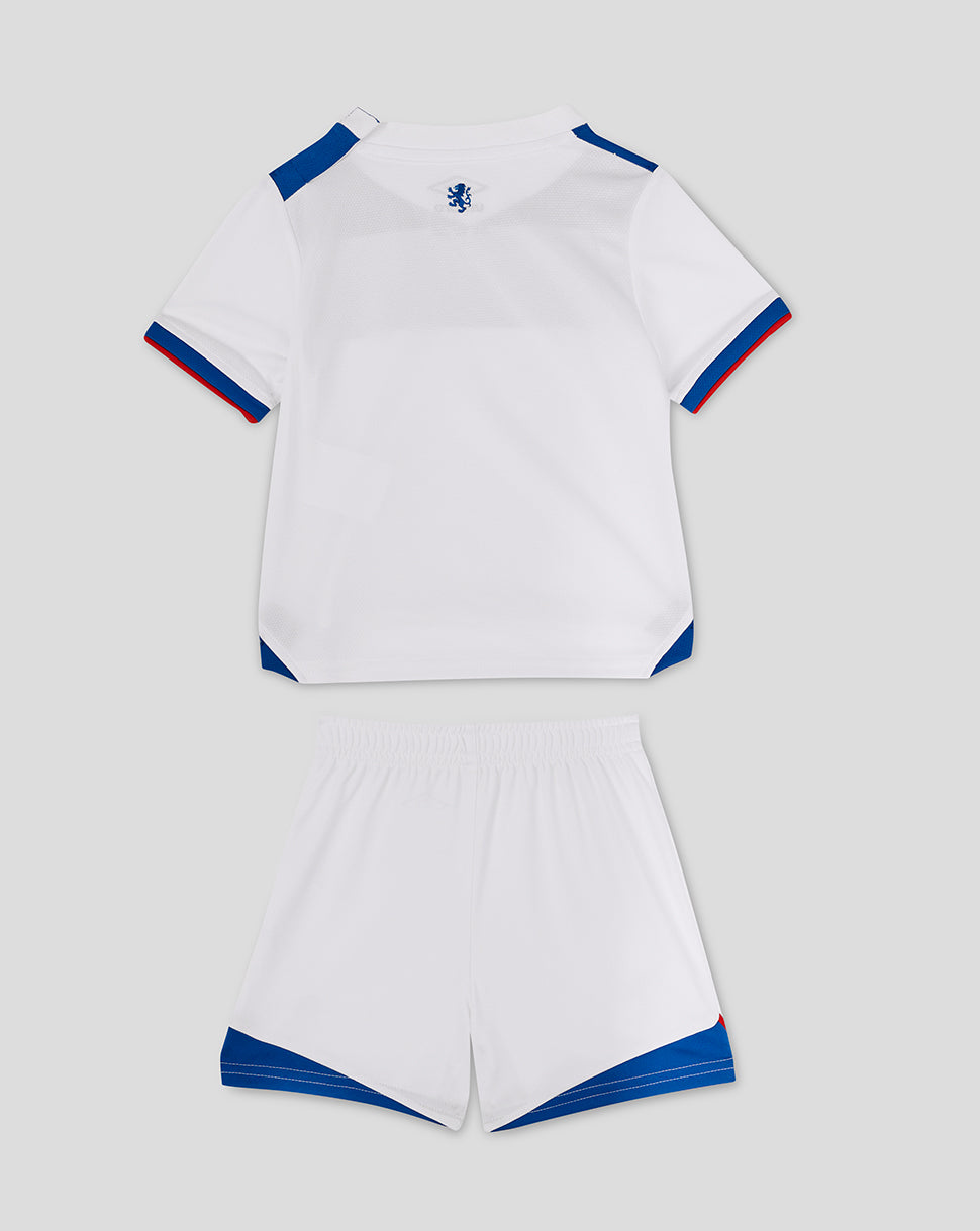 Rangers Baby 25/26 Away Kit back view with white jersey blue shoulder panels and matching shorts